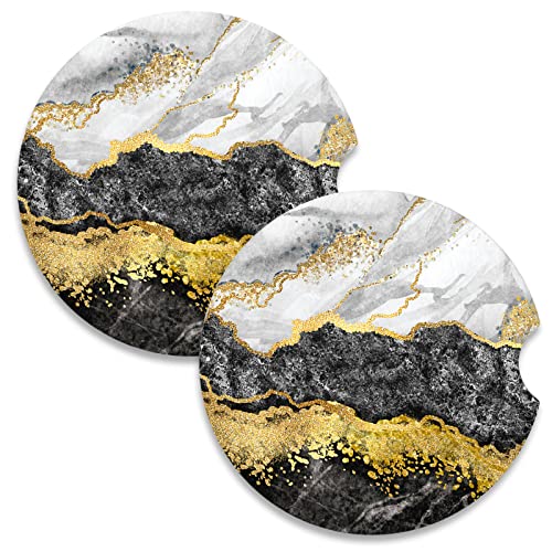 Car Coasters for Cup Holders, 2 Pack Absorbent Ceramic Car Cup Holder Coaster for Drinks, Cute Auto Assecories for Women, Size 2.56 in with Finger Notch & Cork Base, Grey Black Gold Marble - color: Grey Black Gold Marble