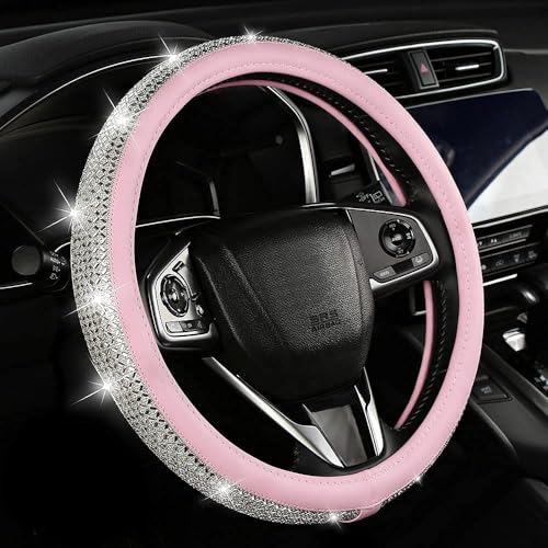 Bling Diamond Leather Steering Wheel Cover, Pink Steering Wheel Covers for Women Girls with Crystal Rhinestones, Universal Fit 14.5“-15" Car Steering Wheel Bling Cover Accessories - color: Crystal White Diamond