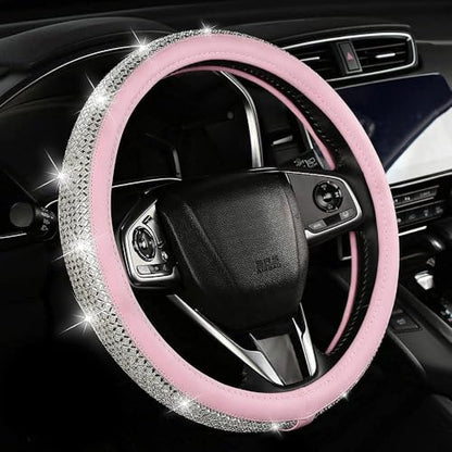 Bling Diamond Leather Steering Wheel Cover, Pink Steering Wheel Covers for Women Girls with Crystal Rhinestones, Universal Fit 14.5“-15" Car Steering Wheel Bling Cover Accessories - color: Crystal White Diamond