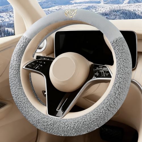 Gray Camellia Lambswool Steering Wheel Cover, for Universal Auto Steering Wheel 14.5-15 in, Lambswool Fabric, Anti-Slip, Soft Plush, Comforting and Luxurious, Embroidery Patterns, Soft Texture - color: Gray