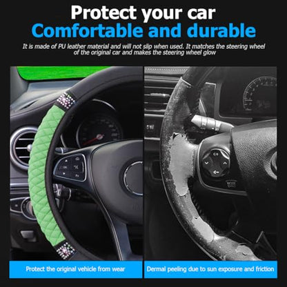 Osilly Bling Car Steering Wheel Cover, 15 Inch Rhinestones Soft Leather Elastic Steering Wheel Protector, Sparkly Crystal Diamond for Women Girls (Green) - color: Green
