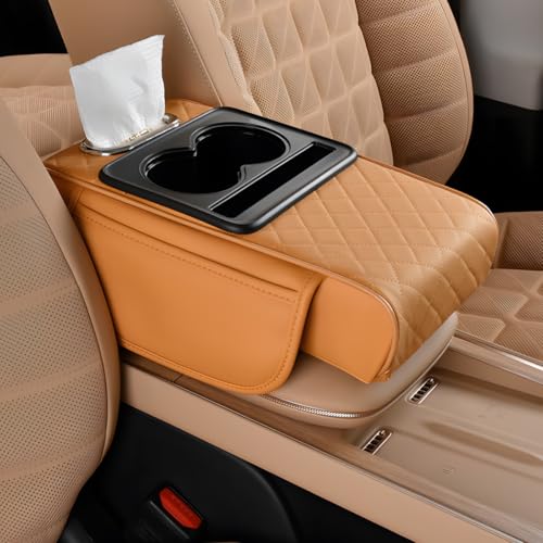 Car Armrest Pad, Universal Armrest Cushion Pad, Leather Armrest Box Pad - color: With cup holder, Orange