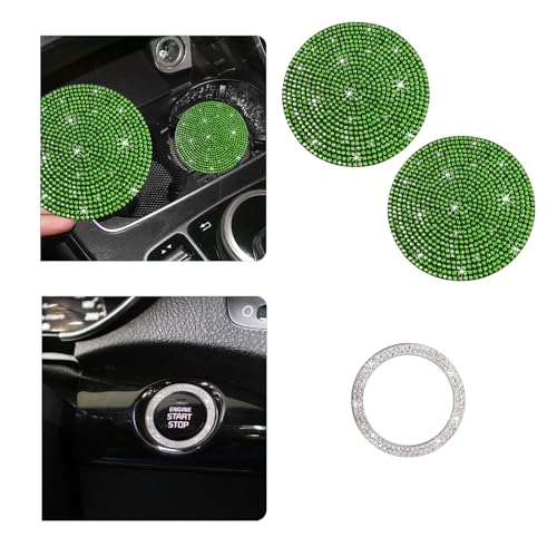 Ziciner 2 Pack Bling Car Cup Holder Coaster, Anti-Slip Auto Insert Coaster with Start Stop Button Cover, Universal Shiny Crystal Vehicle Interior Accessories for Women and Girls (Light Green) - color: Light Green, size: 2 Coaster+Start Button Cover