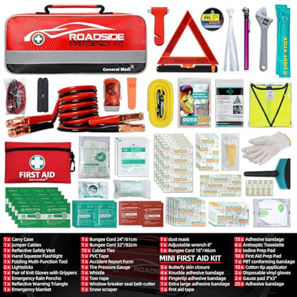 General Medi 127-Pieces Roadside Car Emergency Kit Include Mini First Aid Kit, Jumper Cables,Tow Rope, Bandage, Safety Vest, Emergency Triangle, All in One Pack