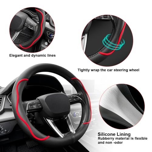 Nappa Leather Steering Wheel Cover. Stylish Striped Design, Universal fit for 14.5–15-inch Steering Wheels, Slip-Resistant and Breathable, Protects the Steering Wheel. Black and red - color: Black and red