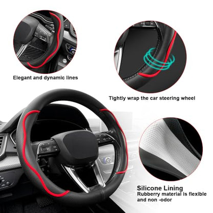 Nappa Leather Steering Wheel Cover. Stylish Striped Design, Universal fit for 14.5–15-inch Steering Wheels, Slip-Resistant and Breathable, Protects the Steering Wheel. Black and red - color: Black and red