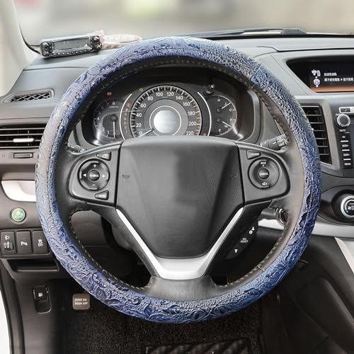 Car Steering Wheel Cover Universal 15 Inch Middle Size Auto Anti-Slip Leather Wheel Protector with Flower Grain Design Blue Style - color: Blue