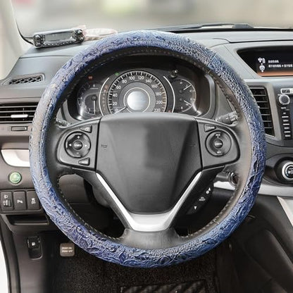 Car Steering Wheel Cover Universal 15 Inch Middle Size Auto Anti-Slip Leather Wheel Protector with Flower Grain Design Blue Style - color: Blue