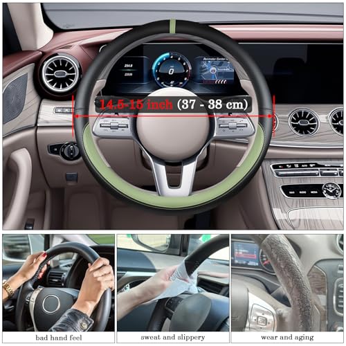 Black Avocado Green Car Steering Wheel Cover, Nappa Leather, Bottom Color Blocking, Universal 14.5-15 Inch Leather Anti-Slip Breathable Auto Steering Wheel Covers for Men Women - color: Black Avocado Green