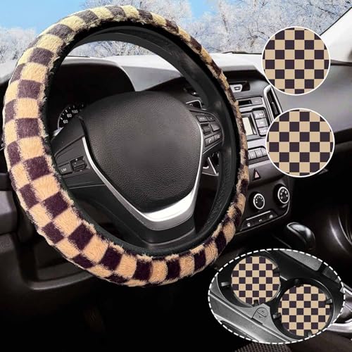 Brown Checkered Fuzzy Steering Wheel Cover for Women, Universal Auto Steering Wheel 14-15 Inch Soft Warm Car Interior Accessories with 2PCS Car Coasters, Suitable for Men and Women (Brown khaki) - color: Brown khaki