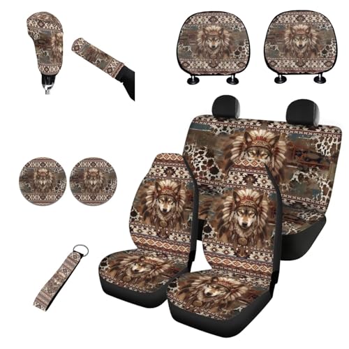 Horeset Aztec Wolf 11 Pieces Car Seat Cover with Headrest Cover Cup Coasters Handbrake Gear Shift Sleeve and Lanyaeds Key Chain Universal Fit Most Cars SUV Van Sedan - color: Aztec Wolf
