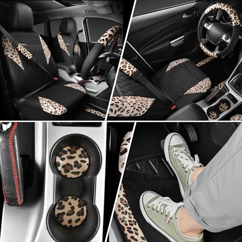 CAR PASS Leopard Print Faux Leather Car Seat Covers & Leopard Car Mats&Leopard Steering Wheel Cover Seat Belt Pad Universal Car Accessories for SUV,Van,Saden,Truck Automobile Interior Sets - color: Leopard combo