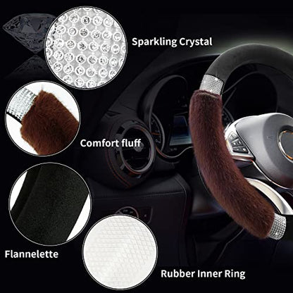 Achiou Rhinestone Fluffy Steering Wheel Cover - Comfortable Non-Slip Luxury Faux Wool, Universal Fit for 14.5" to 15" Steering Wheels - color: Black and Coffee