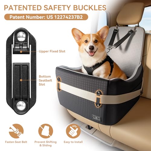 PETSFIT Dog Car Seat for Small/Medium Dogs Up to 35 lbs – Patented Safety System, 5" Memory Foam Pet Booster Car Seat, Fully Detachable and Washable Dog Carseat with 2 Storage Pockets (Black & Grey) - color: Black/Grey