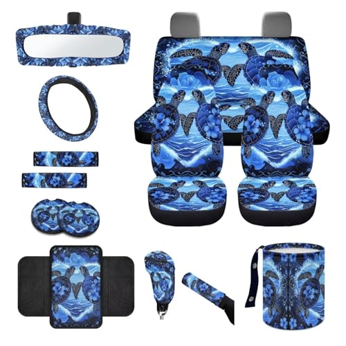 Wanyint Sea Turtle Blue 14 PCS Car Seat Covers Set, Auto Seat Protector with Steering Wheel Cover Seat Belt Pads Garbage Bag Armrest Cover Handbrake Cover Set Rear View Mirror Protector Coasters - color: Sea Turtle Hibiscus Blue