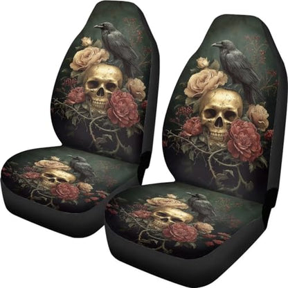 Raven Crow Skull Flower Print Car Seat Covers, 2 Pieces Washable Vehicles Front Seat Protectors, Scratch-Resistant Bucket Seat Cover Fits Most Vehicles, Sedans, Trucks, SUVs, Vans - color: Raven Crow Skull Flower