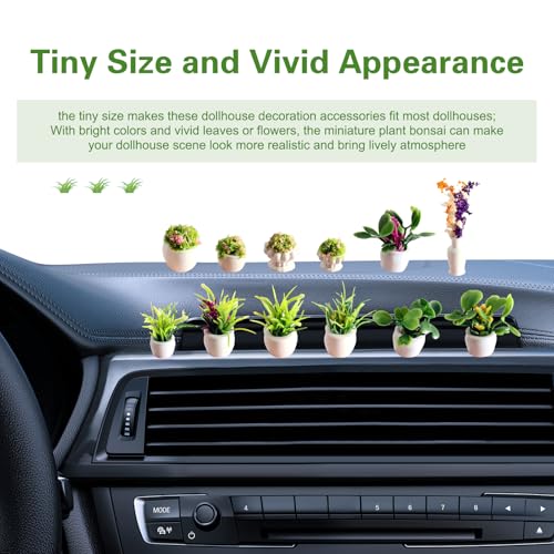 12 PCS Mini Car Plant Decor, Miniature Bonsai Faux Flower Potted Plants for Dashboard Decoration, Universal Cars Interior Decoration Gift (Green)