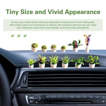 12 PCS Mini Car Plant Decor, Miniature Bonsai Faux Flower Potted Plants for Dashboard Decoration, Universal Cars Interior Decoration Gift (Green)