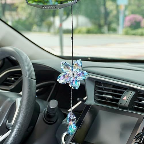 Crystal Flower Car Rear View Mirror Hanging Ornament - Sparkles with Rainbows for a Sense of Luck and Happiness Car Interior Accessories (Colorful) - color: Crystal Flower - Colorful