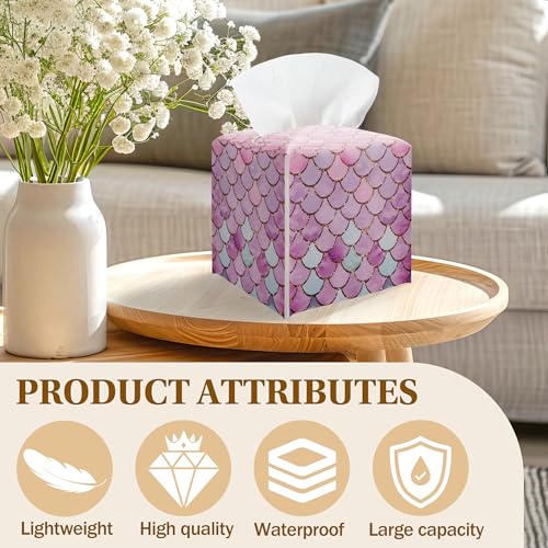 Mermaid Scales Pink Tissue Box Cover, Square Leather Tissue Box Cover Holder Facial Paper Organizer, Decorative Facial Paper Organizer for Bathroom, Home Office Car Decorations - color: Purple
