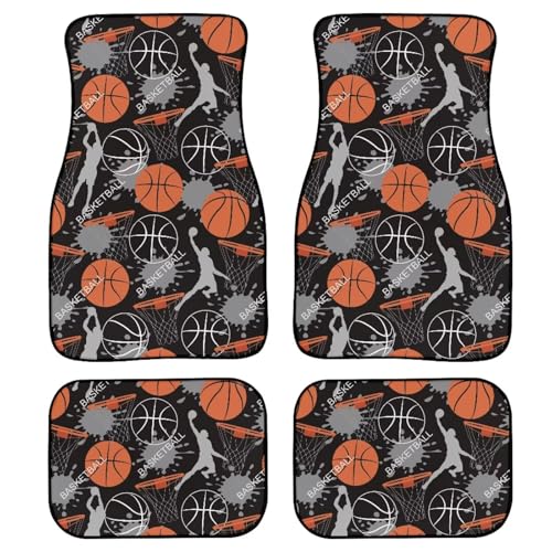 Basketball Print Car Floor Mats Set of 4 Sport Ball Game Universal Vehicle Floor Carpet Decorative Auto Front Rear Foot Rugs for Trucks SUV Sedan - color: Black