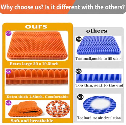 Plus Size Gel Seat Cushion for Long Sitting, Extra Large and Thick, Seat Cushion for Back, Sciatica, Hip, Tailbone Pain Relief , Used for the Office, Wheelchair, Car, Recliner, Stadium, Kayak.(Orange)