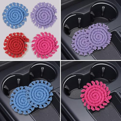 Cotton Car Coasters for Cup Holders, 2 Pack Car Cup Coasters, Drink Coaster Holder Cute Boho Macrame Cupholder Coaster Accessories for Women-3 inch(Blue) - color: Blue