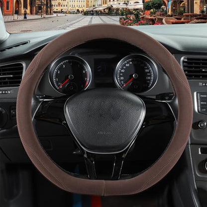 Brown Suede D Shaped Steering Wheel Cover, Breathable Non-Slip Sweat-Proof Wear-Resistant No Pilling, Warm in Winter and Cool in Summer, Universal 15 inch - color: Brown, size: D Shape-M[14.5''-15'']