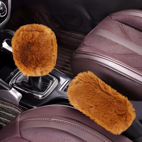Hovom 2PCS Fluffy Car Gear Shift Knob Cover & Handbrake Cover, Soft Plush Hand Brake Handle & Gear Shift Cover for Women Girls, Universal Comfortable Warm Furry Car Accessories (Camel) - color: Camel