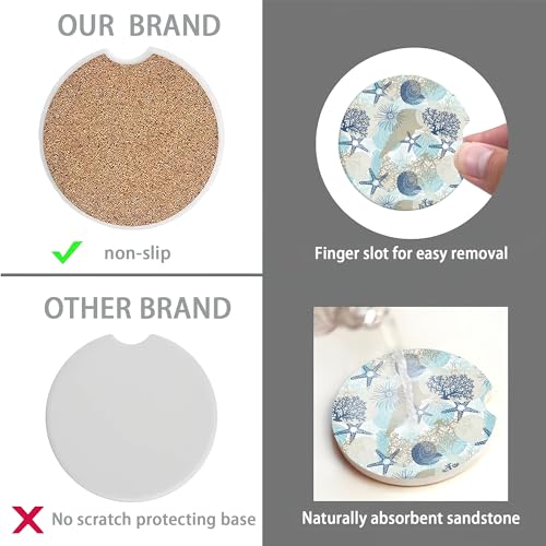 Car Coasters for Cup Holders,2 Pack Coastal Beach Absorbent Ceramic Coaster Shell Starfish Coral Non-Slip Auto Accessories Interior Decor