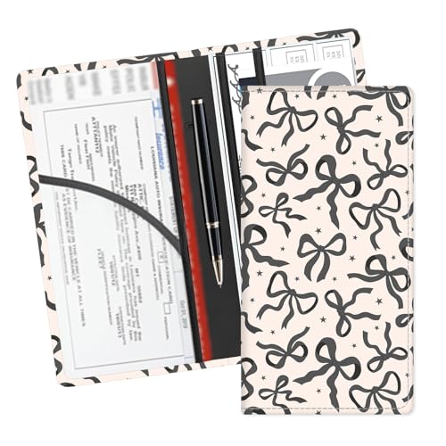 Leather Car Registration and Insurance Card Holder, Cute Car Accessories Vehicle Glove Box Car Organizer for Documents, Cards, License Cute Beige Black Bow - color: Cute Beige Black Bow