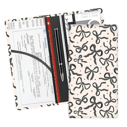 Leather Car Registration and Insurance Card Holder, Cute Car Accessories Vehicle Glove Box Car Organizer for Documents, Cards, License Cute Beige Black Bow - color: Cute Beige Black Bow