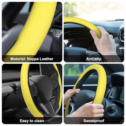 Nappa Leather Steering Wheel Cover,Universal Fit 15 Inch-Premium Non-Slip Breathable Comfort Grip for Cars Trucks SUVs,Anti-Slip Durable Interior Upgrade Lemon Yellow - color: Lemon Yellow