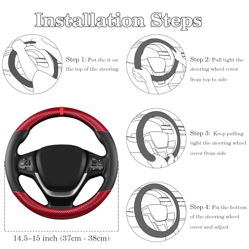 Black & Red Carbon Fiber Leather Steering Wheel Cover, Microfiber Leather, Anti-Slip, Breathable, Universal Fit for 14.5–15 in Steering Wheel Cover for Men Women - color: Splicing Carbon Fiber - Black and Red