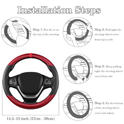 Black & Red Carbon Fiber Leather Steering Wheel Cover, Microfiber Leather, Anti-Slip, Breathable, Universal Fit for 14.5–15 in Steering Wheel Cover for Men Women - color: Splicing Carbon Fiber - Black and Red