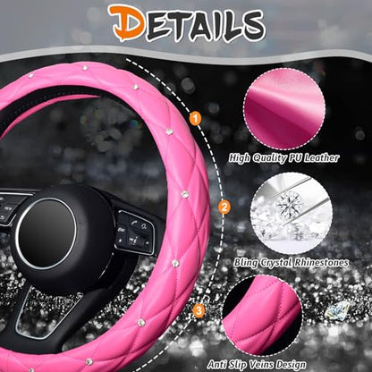 KAFEEK Diamond Leather Steering Wheel Cover with Bling Bling Crystal Rhinestones, Universal 15 inch,Dark Pink - color: Dark Pink, size: Medium(Standard) Size[14.5"-15"]