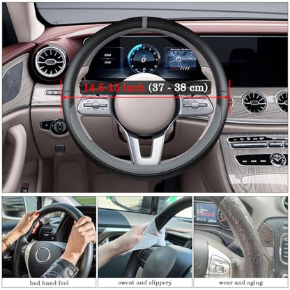Black Gray Car Steering Wheel Cover, Nappa Leather, Bottom Color Blocking, Universal 14.5-15 Inch Leather Anti-Slip Breathable Auto Steering Wheel Covers for Men Women - color: Black Gray