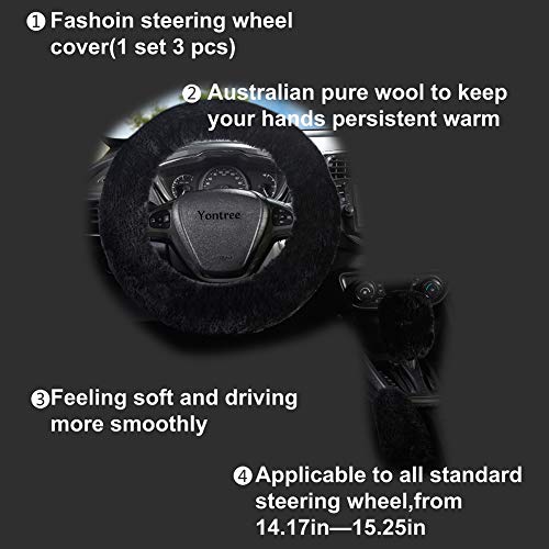 Yontree Fashion Fluffy Steering Wheel Covers for Women/Girls/Ladies Australia Pure Wool 15 Inch 1 Set 3 Pcs (Black) - color: Black, size: Shearing Wool
