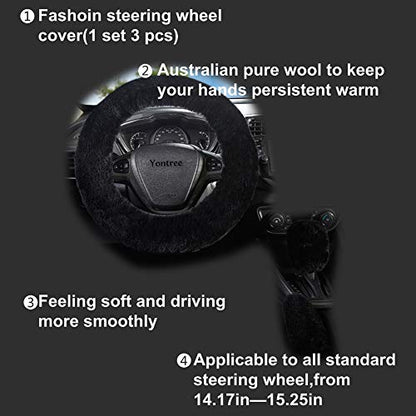 Yontree Fashion Fluffy Steering Wheel Covers for Women/Girls/Ladies Australia Pure Wool 15 Inch 1 Set 3 Pcs (Black) - color: Black, size: Shearing Wool