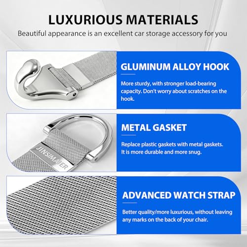 Car Seat Headrest Hooks and Purse Hook for Car 2 Pack Silver – Alloy Braided Chain Storage Hook for Purse, Handbag, Grocery Bags – Interior Organizing Car Accessories