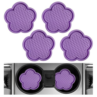 4 PCS Car Cup Coasters, Cute Flower Shaped Car Cup Holder Mat, PVC Waterproof Anti Slip Vehicle Cup Holder Insert Coaster, Universal Car Interior Decor Accessories (Purple)
