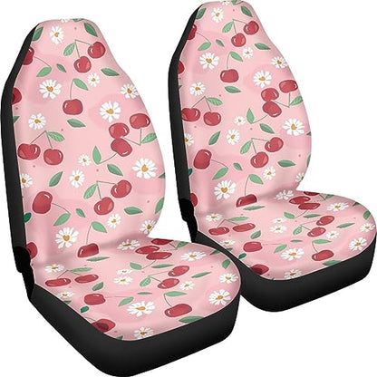 Pink Cherry Print Universal Fit Front Car Seat Cover for Women Girls Stain Resistant Car Seat Covers Bucket Seat Protector Prefect for Automotive, Van, Truck, SUV Cute Daisy Fruit Pattern - color: Cherry