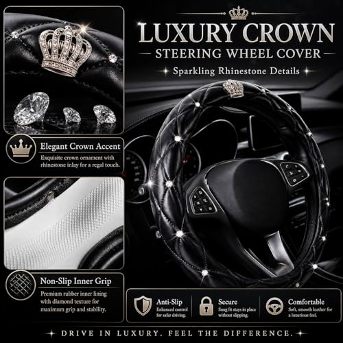Bling Rhinestone Car Steering Wheel Cover for Women,PU Leather Crystal Diamonds Crown Steering Wheel Covers Non-Slip Universal 15"/38 cm (Crown) - color: Crown