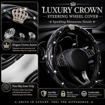 Bling Rhinestone Car Steering Wheel Cover for Women,PU Leather Crystal Diamonds Crown Steering Wheel Covers Non-Slip Universal 15"/38 cm (Crown) - color: Crown