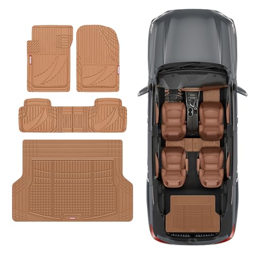 Motor Trend FlexTough Advanced Heavy Duty Beige Rubber Car Floor Mats & Cargo Liner for SUV & Car Full Set - Universal Trim to Fit All Weather Automotive Floor Mat & Cargo Liners for SUV, Car, & Van
