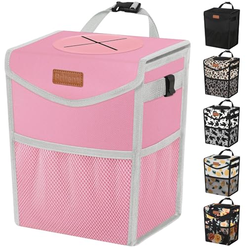 Pritent Car Trash Can with Lid, Cute Leakproof Car Trash Garbage Bag Hanging Vehicle Trash Bin Small Portable Automotive Garbage Cans Organizer for Back/Front Seat/Console(2.8 gal,Pink - color: Pink, size: 2.8 Gallons