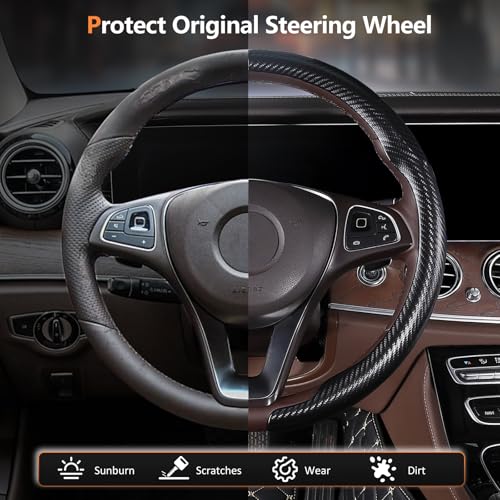 Aimato Carbon Fiber Steering Wheel Cover 2 Piece Non-Slip Clip on Steering Wheel Cover,Ultra-Thin Breathable,Universal Fit 14.5"-15" Wheel,Matte Black