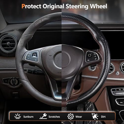 Aimato Carbon Fiber Steering Wheel Cover 2 Piece Non-Slip Clip on Steering Wheel Cover,Ultra-Thin Breathable,Universal Fit 14.5"-15" Wheel,Matte Black