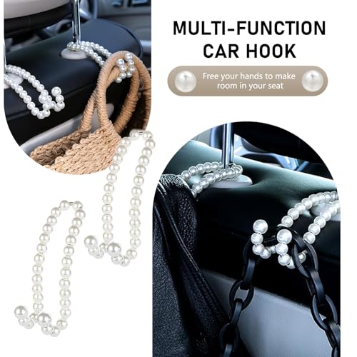 2PCS Car Pearl Seat Headrest Hooks, Elegant Exquisite Purse Hook for Car, High Load-Bearing Seat Hook Hanger Storage Organizer, Interior Accessories for Bags, Umbrellas (White)