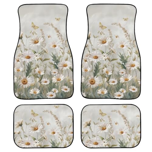 Cosmos 4 Pcs All Weather Automotive Mats Classical Rural Cosmos Flower Car Decor Accessories Watercolor Daisy Floral Universal Floor Mats for SUV, Truck Soft Heel Pad - color: Rural Cosmos Flower